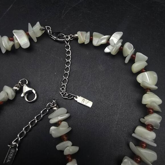 925 HK Mother of Pearl Red Carnelian Carved Flower Necklace Bracelet Set - Picture 6 of 12